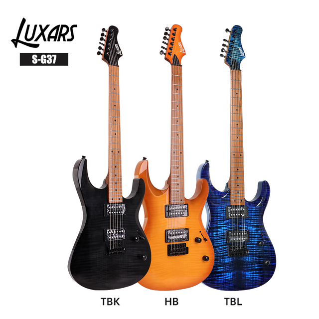 S-G37 Premium Electric Guitar｜Flamed Maple Top + Poplar Body｜Roasted Maple Satin Neck｜H-H Alnico V Pickups｜24 Rounded Frets｜High-Gloss Finish (3 Art Finishes: TBK/HB/TBL)｜6 Guitars/Carton