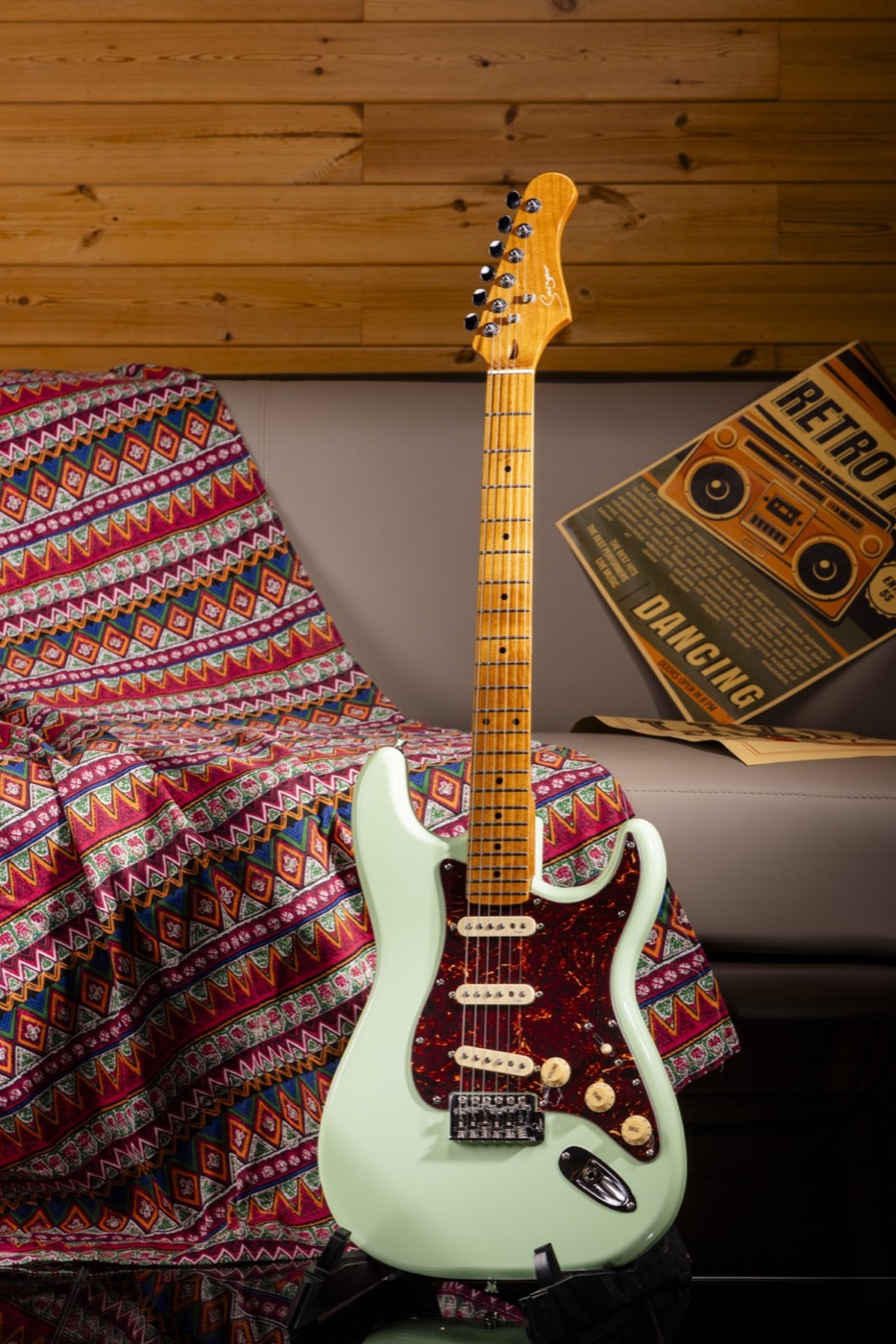 SSS electric guitar displayed for a retail product comparison